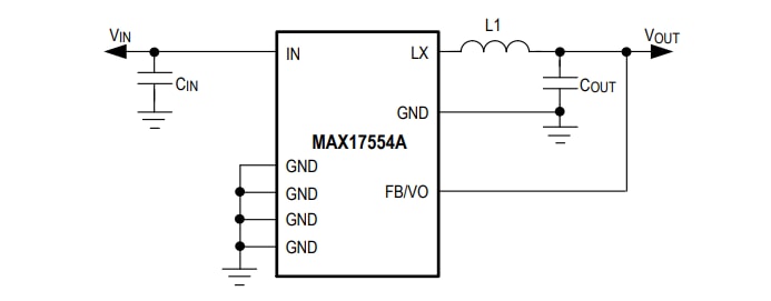 Schéma du circuit d'application - Analog Devices / Maxim Integrated Convertisseurs CC-CC abaisseurs synchrones MAX17554/MAX17555